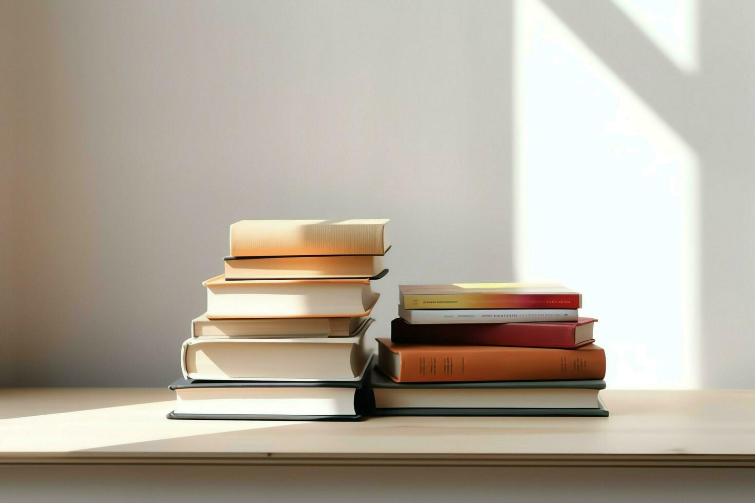 A book pile close up on a study desk. Front view pile book. For festival of world book day, national book day or national education day. Stack of colorful books on study table by AI Generated photo