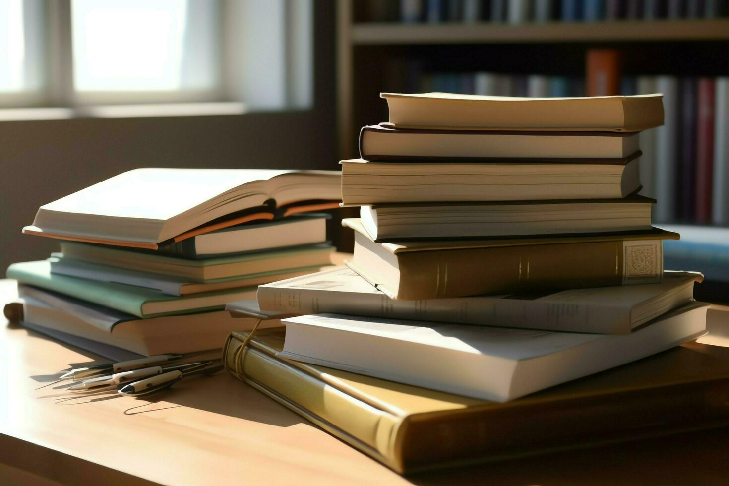 A book pile close up on a study desk. Front view pile book. For festival of world book day, national book day or national education day. Stack of colorful books on study table by AI Generated photo