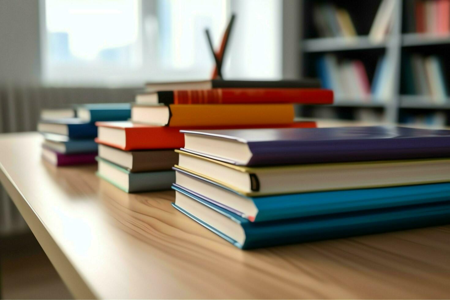 A book pile close up on a study desk. Front view pile book. For festival of world book day, national book day or national education day. Stack of colorful books on study table by AI Generated photo