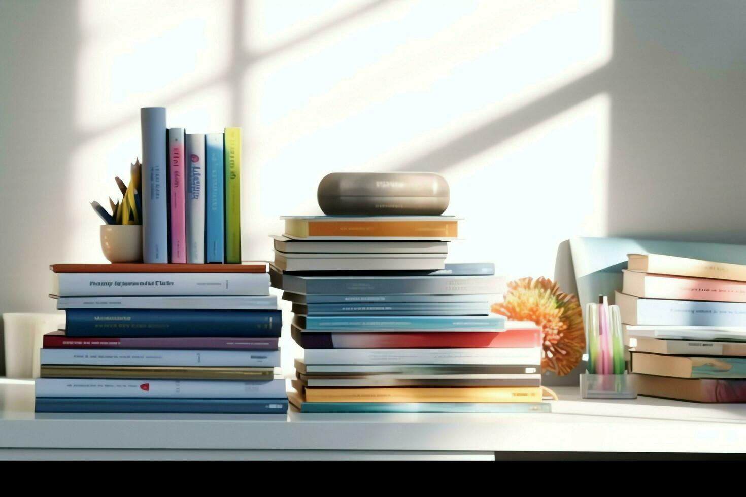 A book pile close up on a study desk. Front view pile book. For festival of world book day, national book day or national education day. Stack of colorful books on study table by AI Generated photo