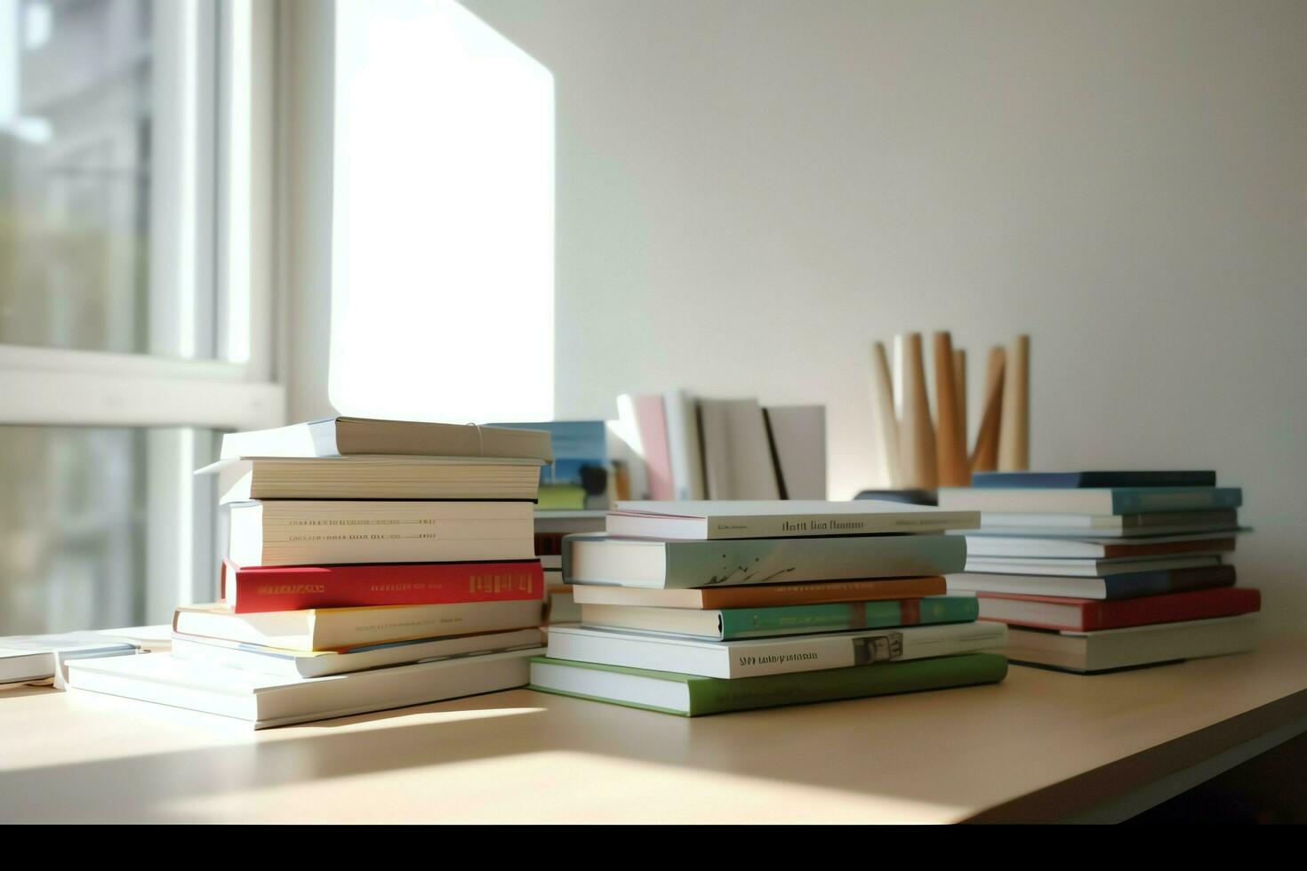 A book pile close up on a study desk. Front view pile book. For festival of world book day, national book day or national education day. Stack of colorful books on study table by AI Generated photo