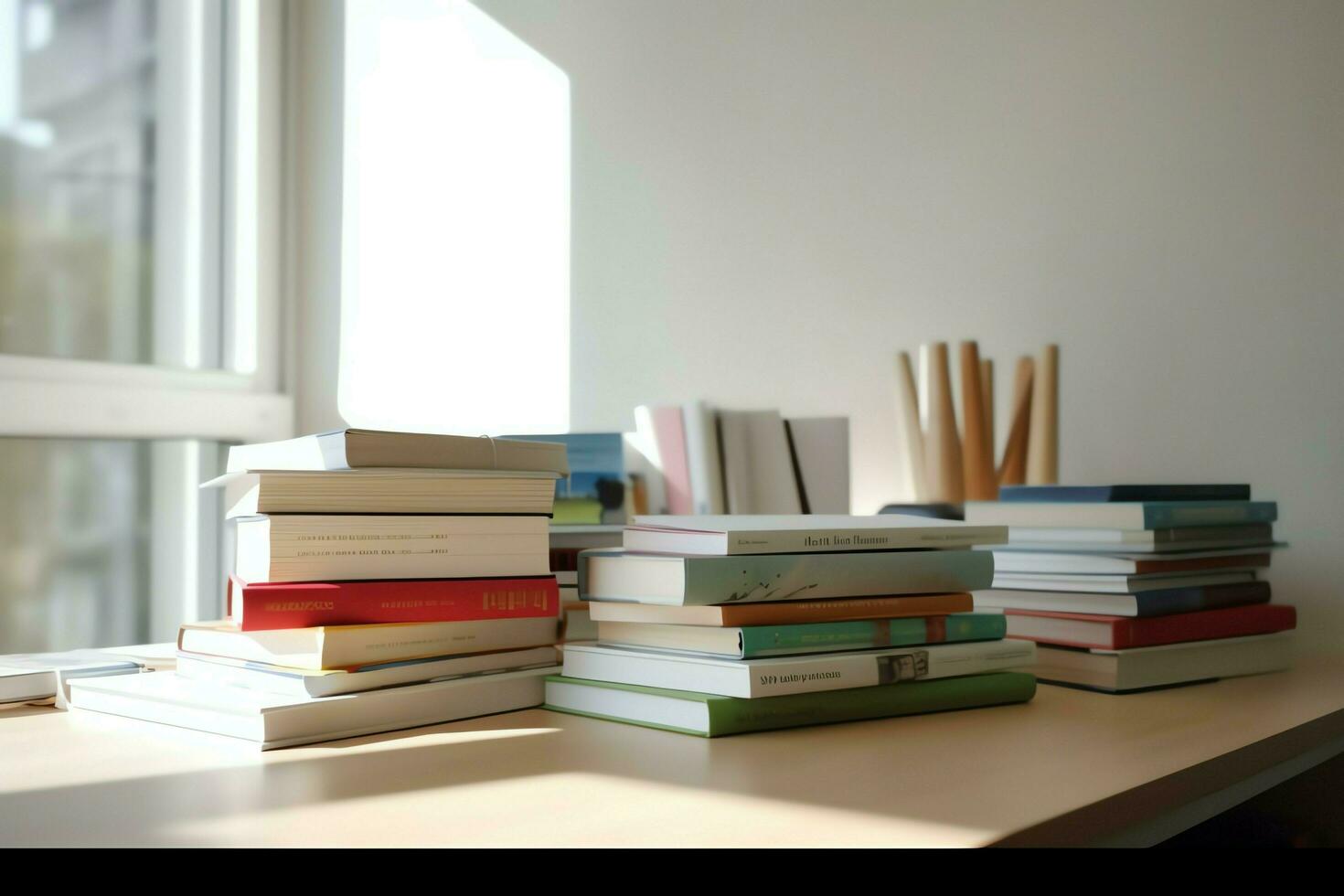 un libro pila cerca arriba en un estudiar escritorio. frente ver pila libro. para festival de mundo libro día, nacional libro día o nacional educación día. apilar de vistoso libros en estudiar mesa por ai generado foto