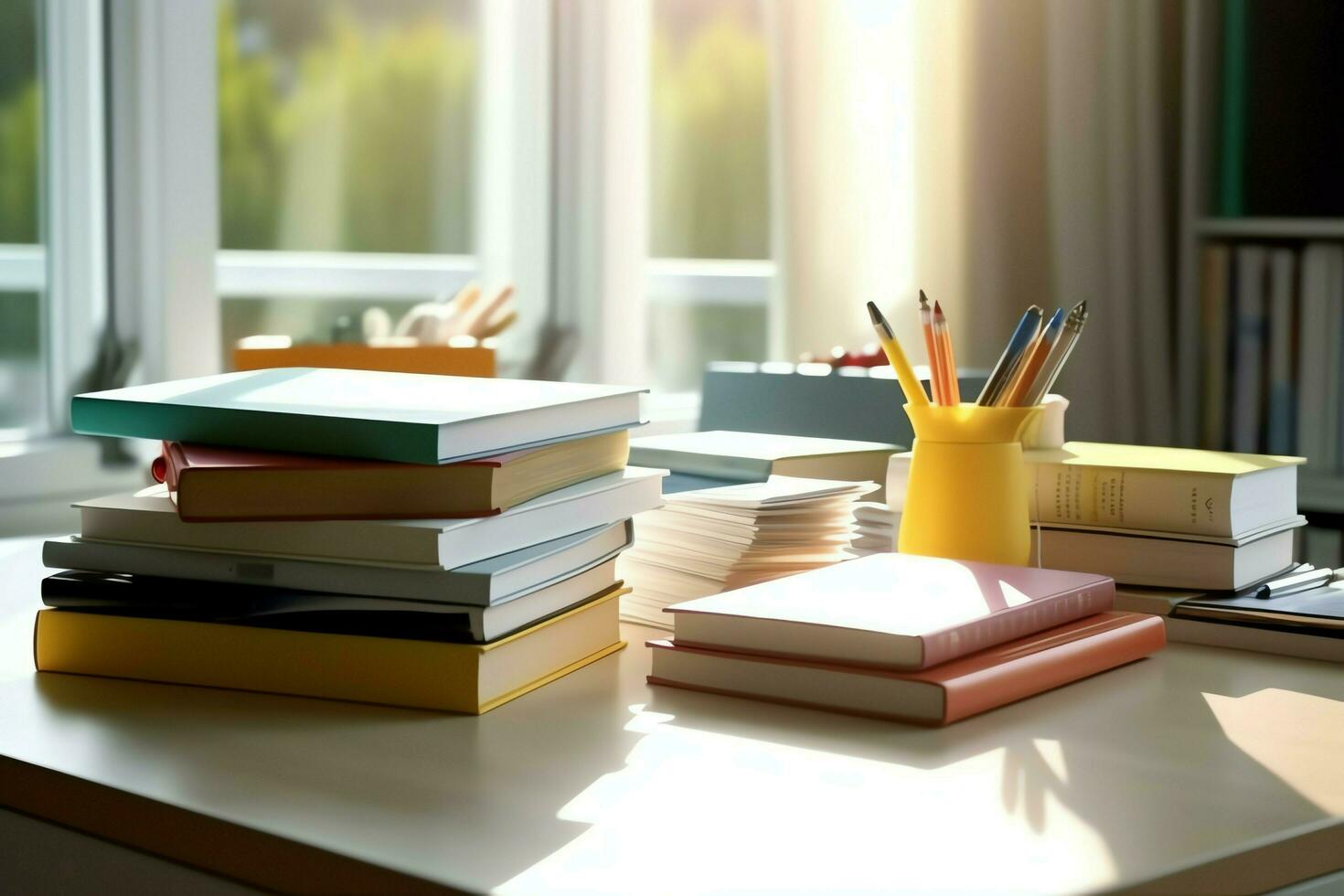 un libro pila cerca arriba en un estudiar escritorio. frente ver pila libro. para festival de mundo libro día, nacional libro día o nacional educación día. apilar de vistoso libros en estudiar mesa por ai generado foto