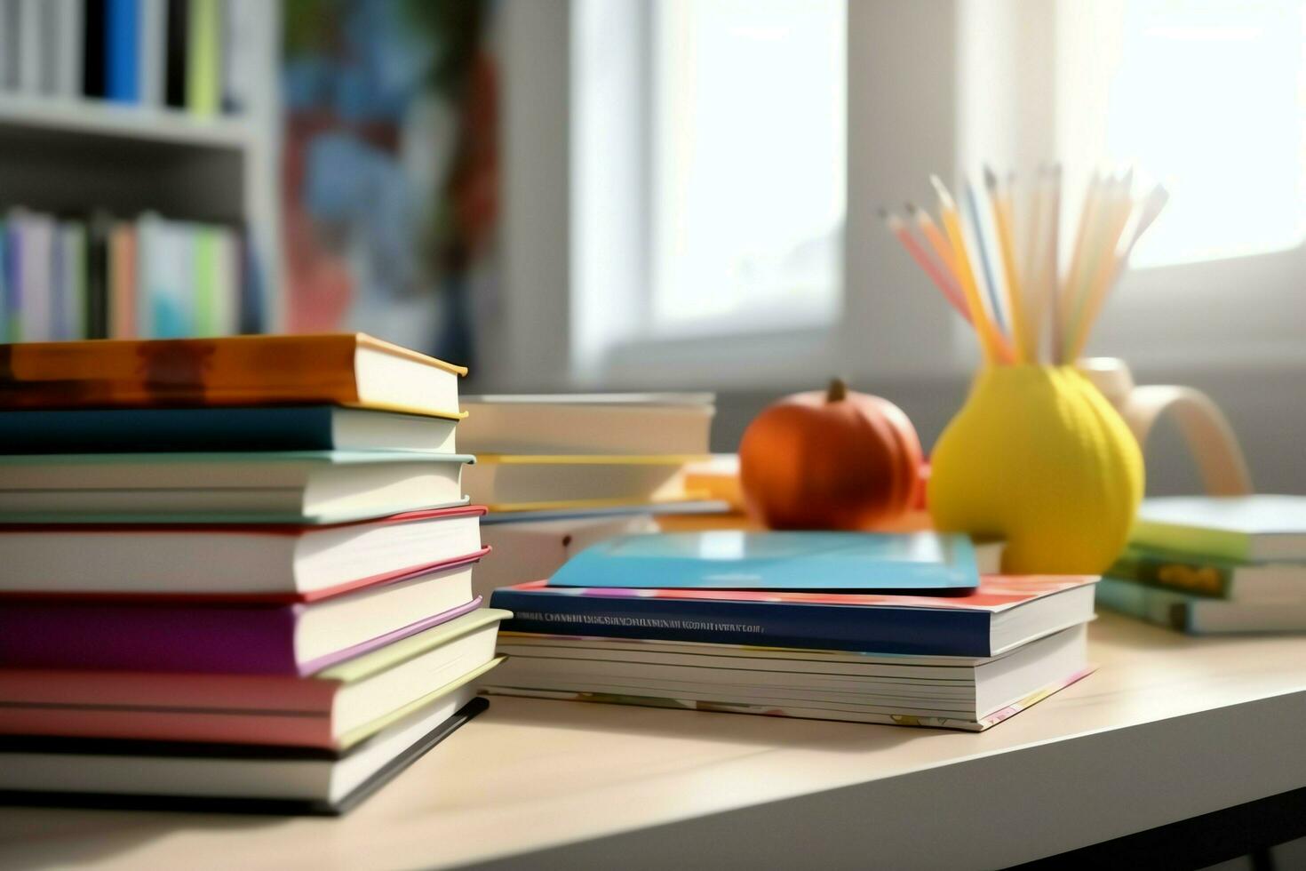 un libro pila cerca arriba en un estudiar escritorio. frente ver pila libro. para festival de mundo libro día, nacional libro día o nacional educación día. apilar de vistoso libros en estudiar mesa por ai generado foto