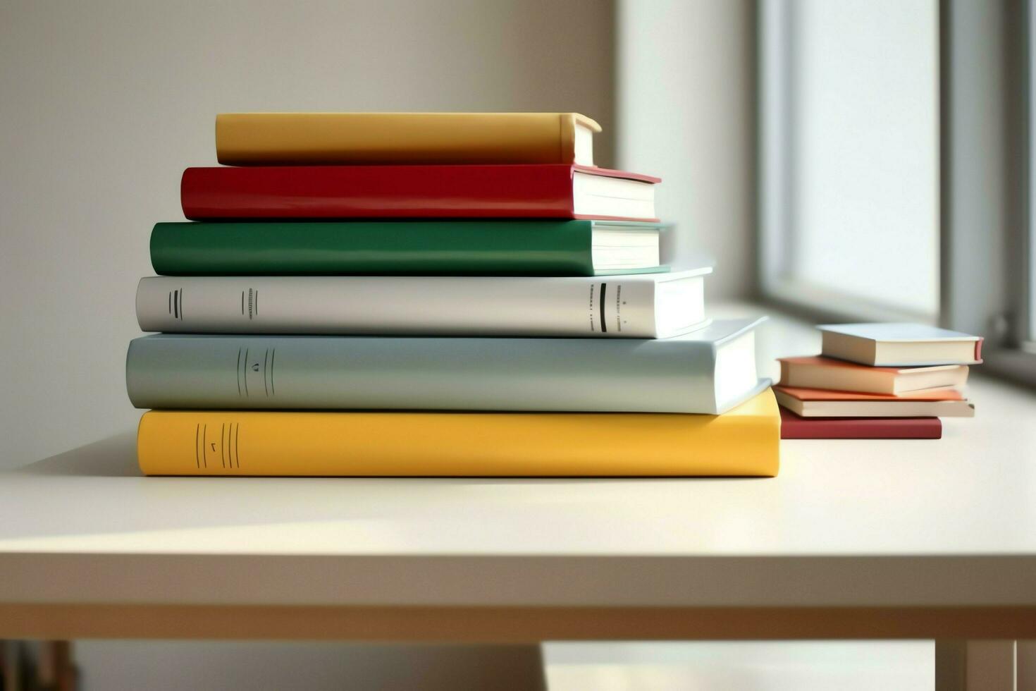 A book pile close up on a study desk. Front view pile book. For festival of world book day, national book day or national education day. Stack of colorful books on study table by AI Generated photo