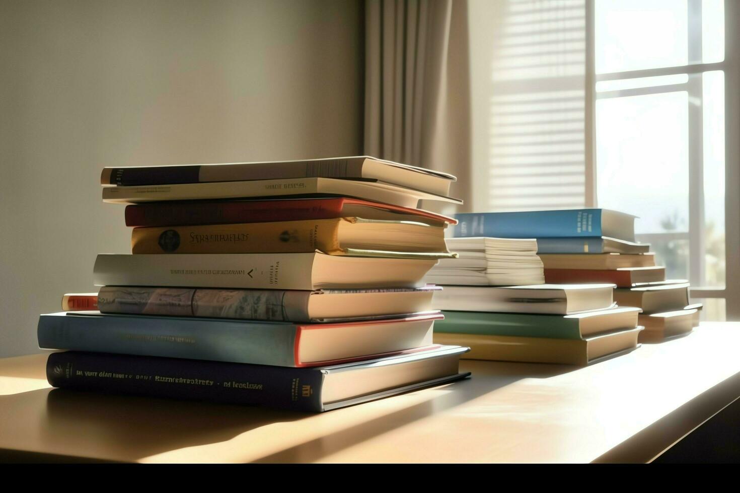 A book pile close up on a study desk. Front view pile book. For festival of world book day, national book day or national education day. Stack of colorful books on study table by AI Generated photo