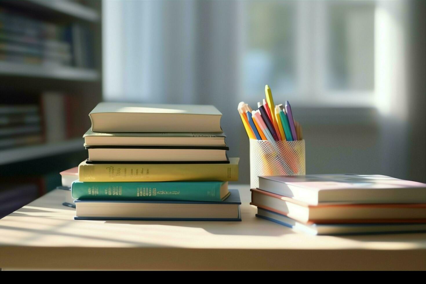 un libro pila cerca arriba en un estudiar escritorio. frente ver pila libro. para festival de mundo libro día, nacional libro día o nacional educación día. apilar de vistoso libros en estudiar mesa por ai generado foto