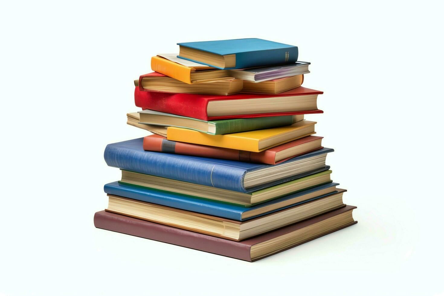 A book pile close up on a table. Front view pile book. For festival of world book day, national book day or national education day. Stack of colorful books on white background by AI Generated photo