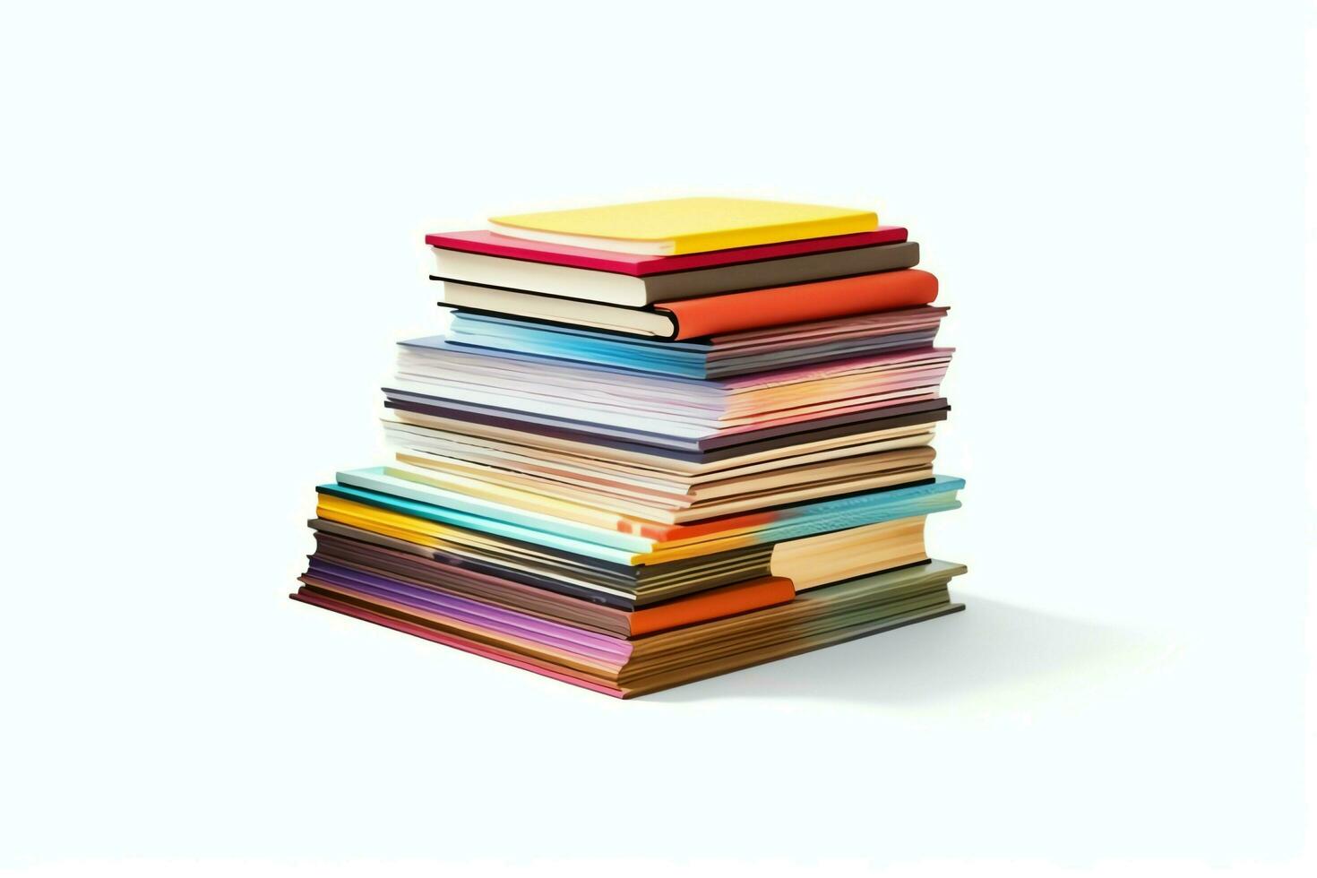 A book pile close up on a table. Front view pile book. For festival of world book day, national book day or national education day. Stack of colorful books on white background by AI Generated photo