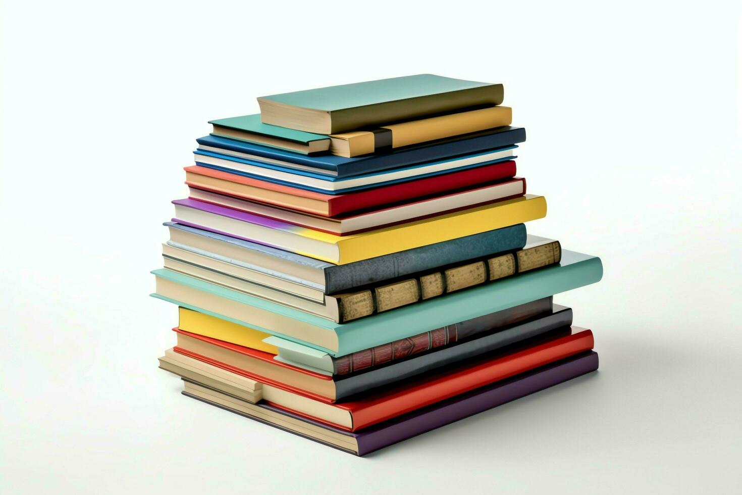 A book pile close up on a table. Front view pile book. For festival of world book day, national book day or national education day. Stack of colorful books on white background by AI Generated photo