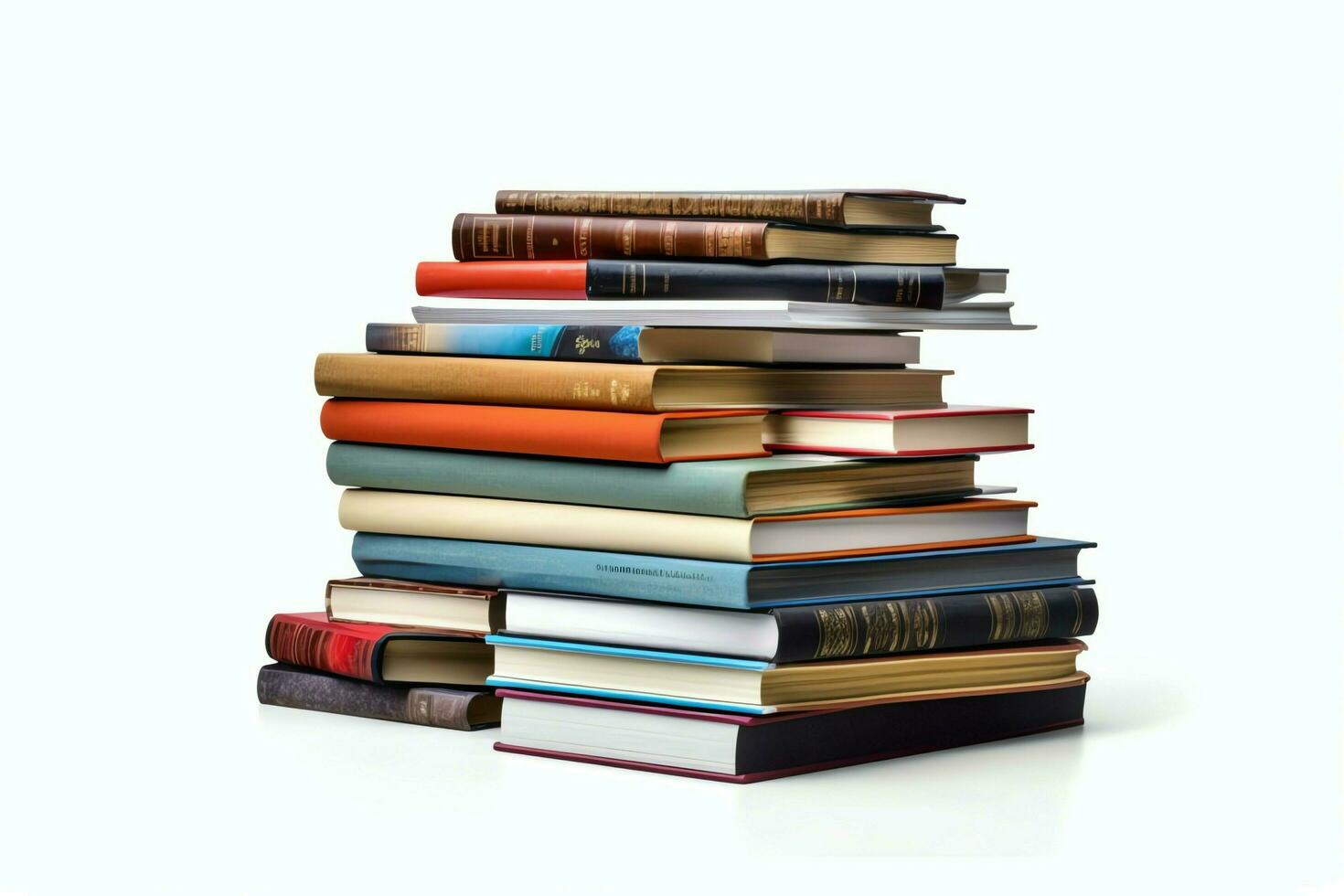 A book pile close up on a table. Front view pile book. For festival of world book day, national book day or national education day. Stack of colorful books on white background by AI Generated photo