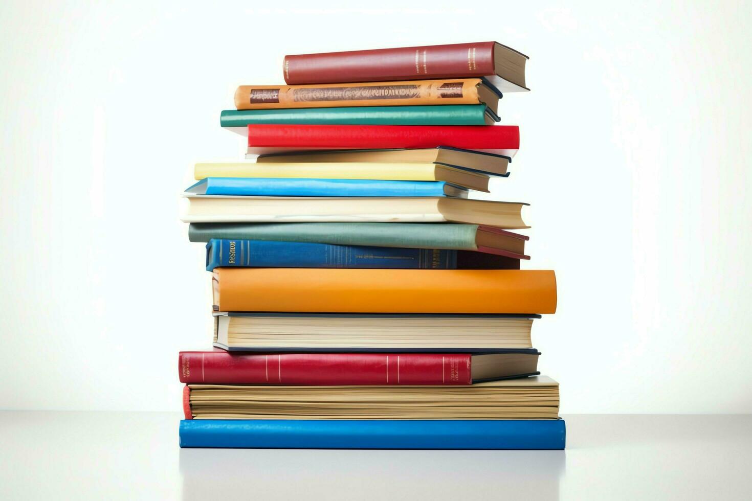 A book pile close up on a table. Front view pile book. For festival of world book day, national book day or national education day. Stack of colorful books on white background by AI Generated photo
