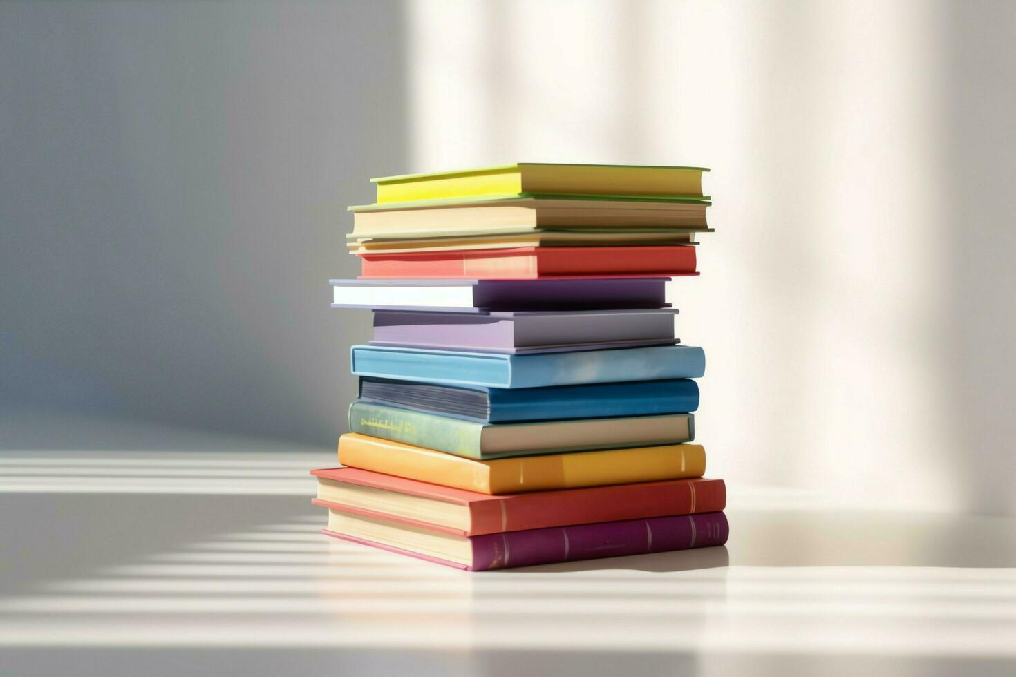 A book pile close up on a table. Front view pile book. For festival of world book day, national book day or national education day. Stack of colorful books on white background by AI Generated photo