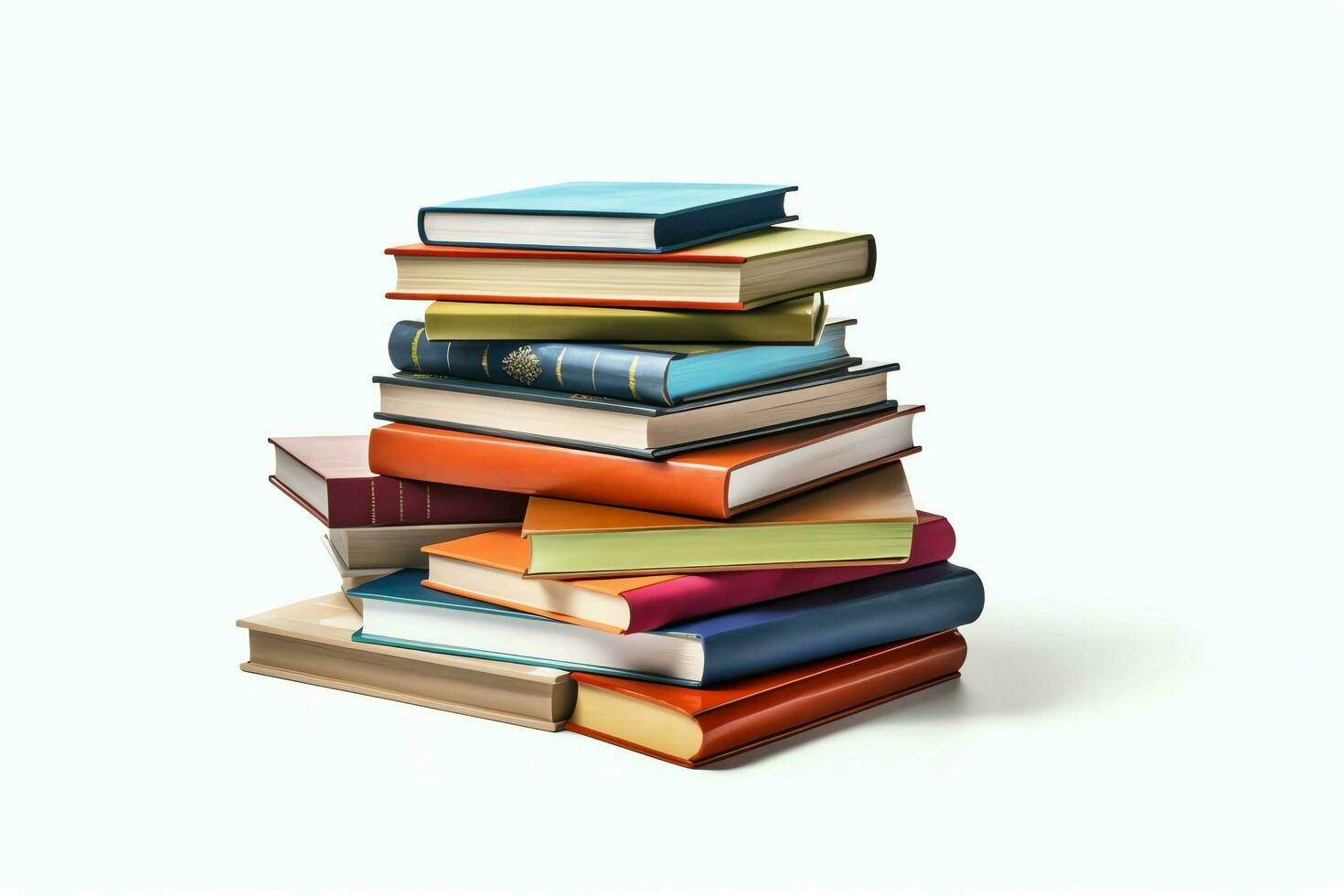 A book pile close up on a table. Front view pile book. For festival of world book day, national book day or national education day. Stack of colorful books on white background by AI Generated photo