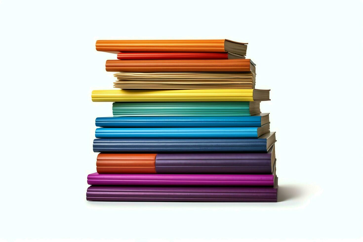 A book pile close up on a table. Front view pile book. For festival of world book day, national book day or national education day. Stack of colorful books on white background by AI Generated photo