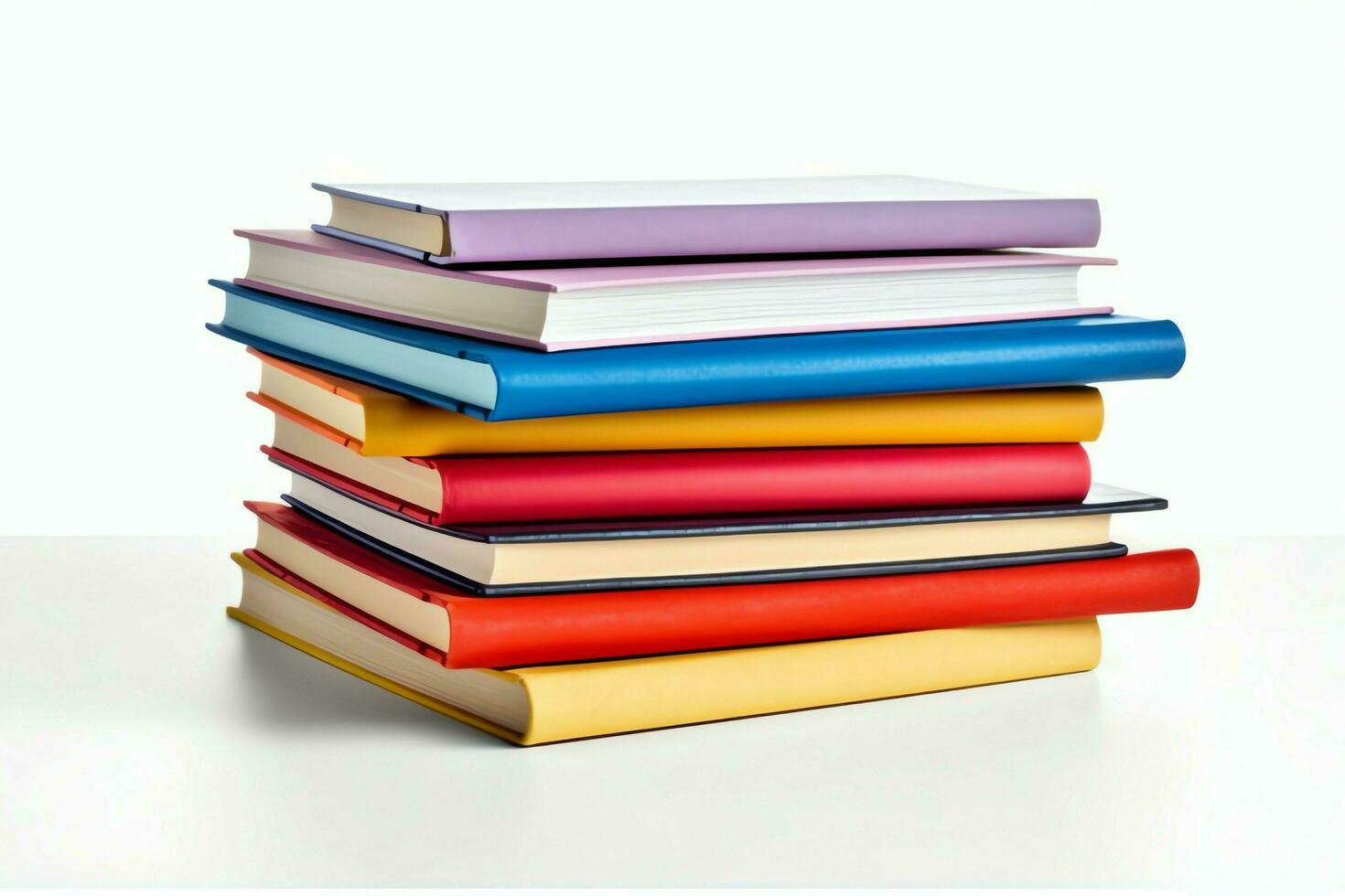 A book pile close up on a table. Front view pile book. For festival of world book day, national book day or national education day. Stack of colorful books on white background by AI Generated photo