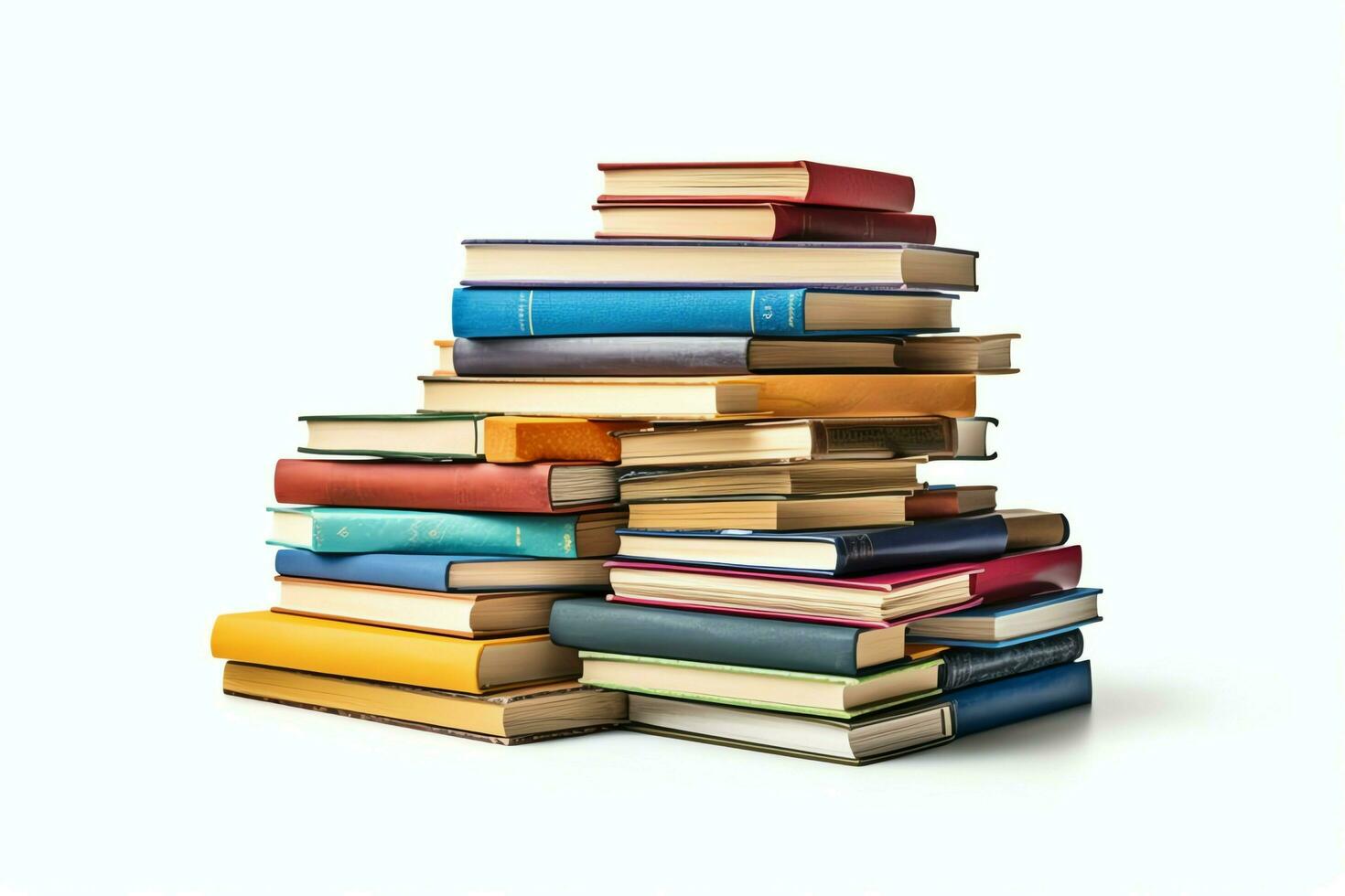 A book pile close up on a table. Front view pile book. For festival of world book day, national book day or national education day. Stack of colorful books on white background by AI Generated photo