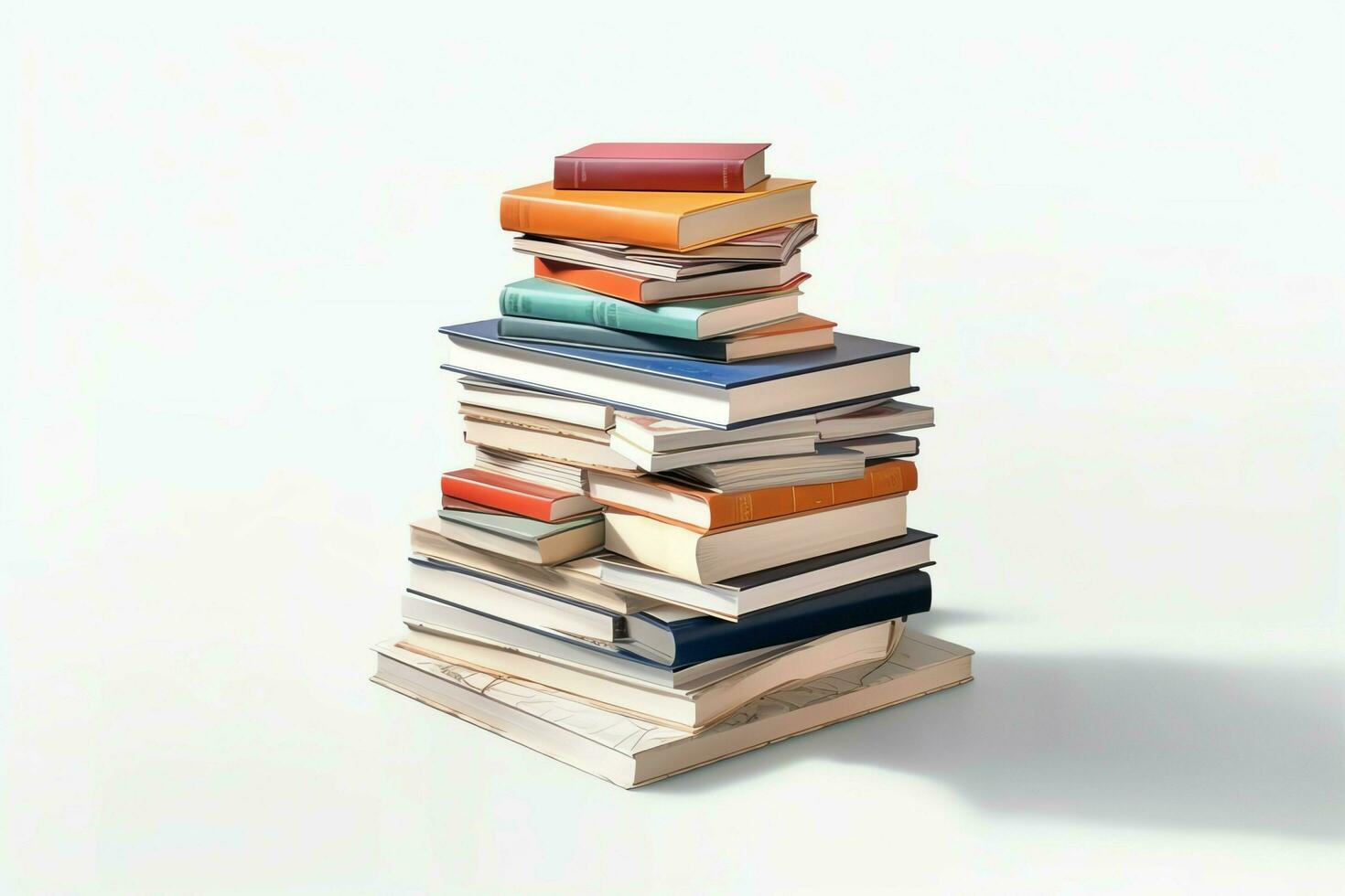 A book pile close up on a table. Front view pile book. For festival of world book day, national book day or national education day. Stack of colorful books on white background by AI Generated photo