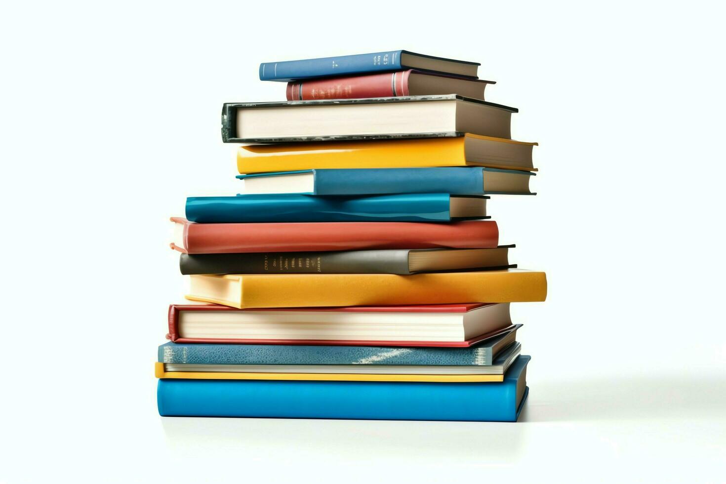 A book pile close up on a table. Front view pile book. For festival of world book day, national book day or national education day. Stack of colorful books on white background by AI Generated photo