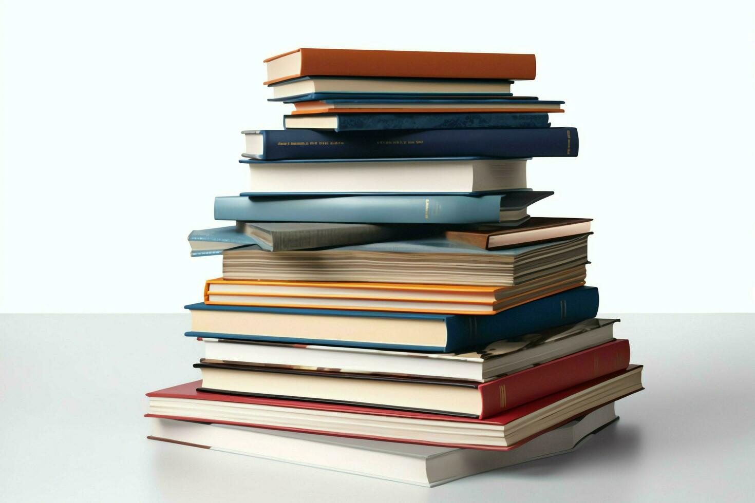 A book pile close up on a table. Front view pile book. For festival of world book day, national book day or national education day. Stack of colorful books on white background by AI Generated photo