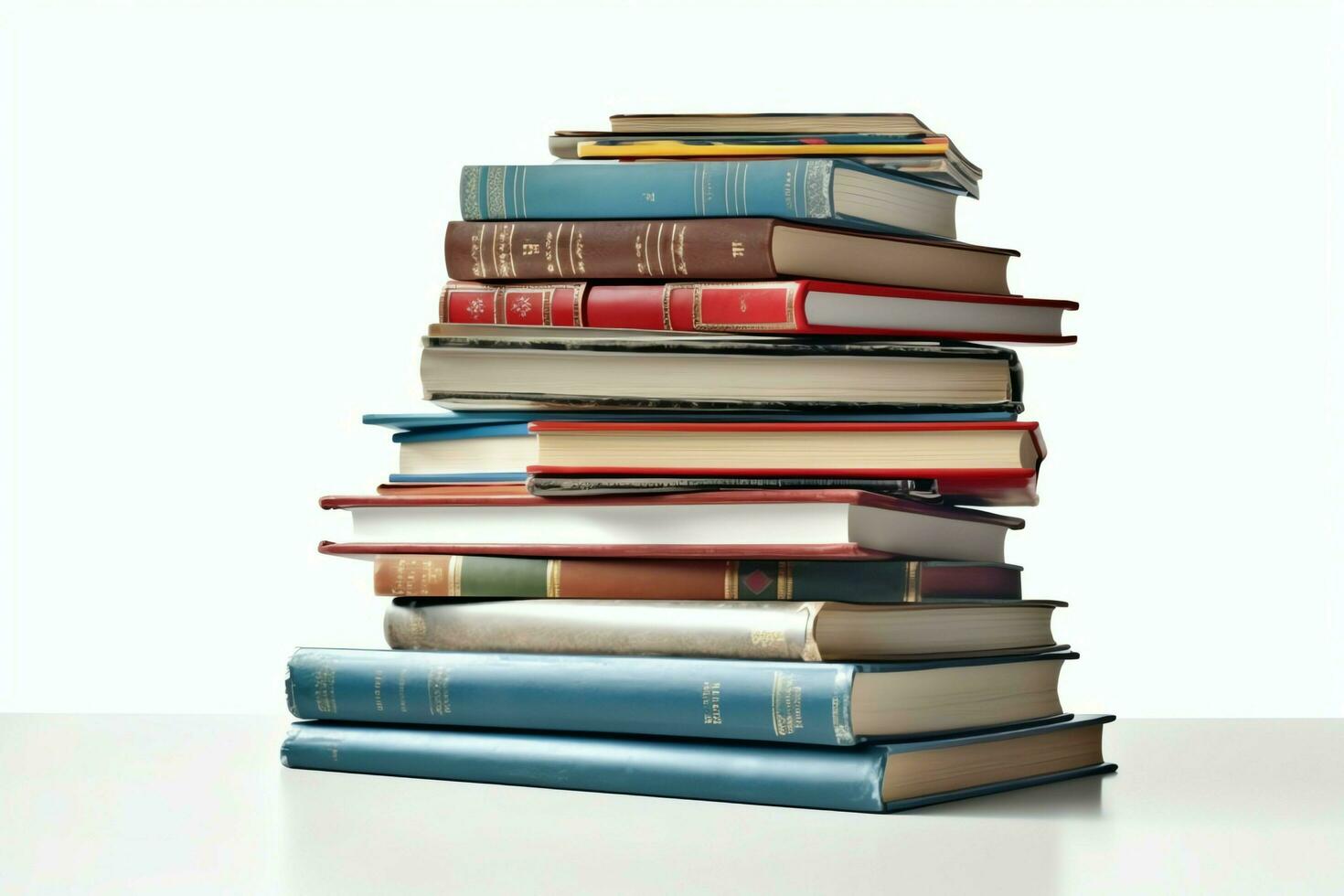 A book pile close up on a table. Front view pile book. For festival of world book day, national book day or national education day. Stack of colorful books on white background by AI Generated photo