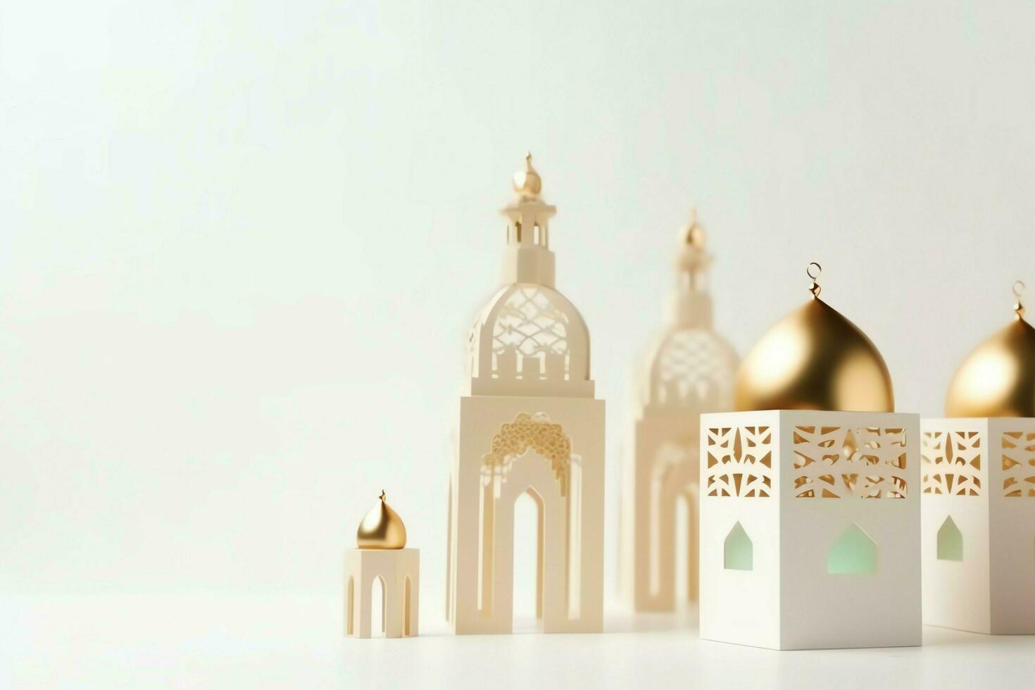 Eid mubarak and ramadan kareem greetings with copy space. Eid al fitr islamic lantern and mosque concept by AI Generated photo