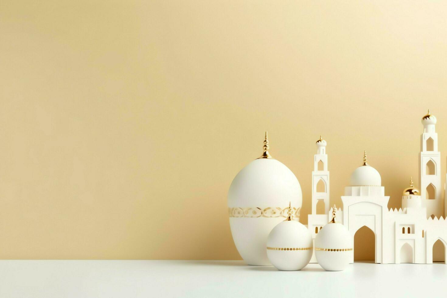 Eid mubarak and ramadan kareem greetings with copy space. Eid al fitr islamic lantern and mosque concept by AI Generated photo