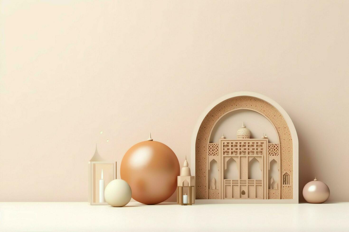 Eid mubarak and ramadan kareem greetings with copy space. Eid al fitr islamic lantern and mosque concept by AI Generated photo