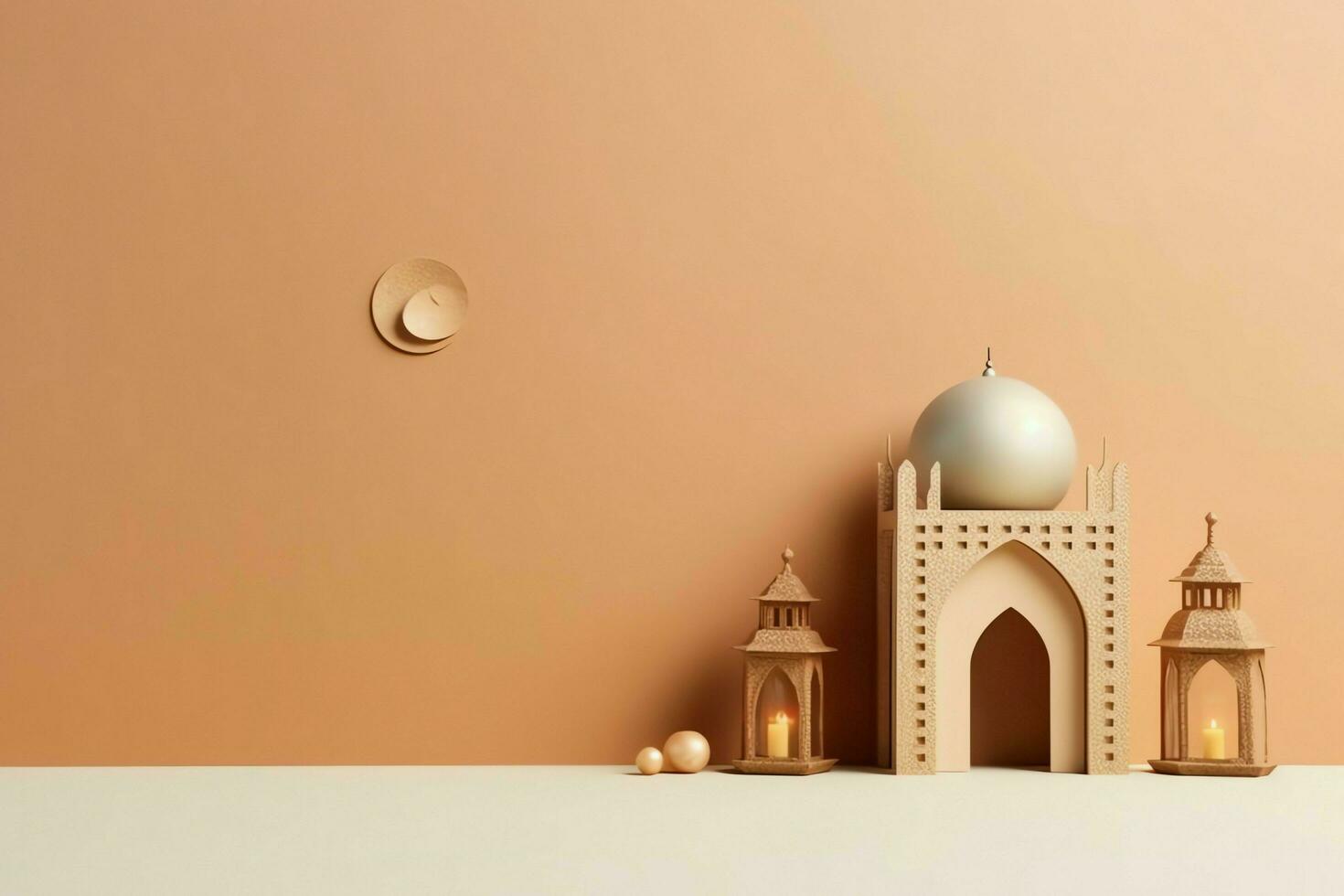 Eid mubarak and ramadan kareem greetings with copy space. Eid al fitr islamic lantern and mosque concept by AI Generated photo