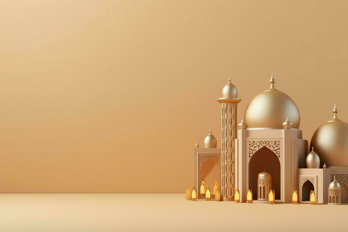 Eid mubarak and ramadan kareem greetings with copy space. Eid al fitr islamic lantern and mosque concept by AI Generated photo
