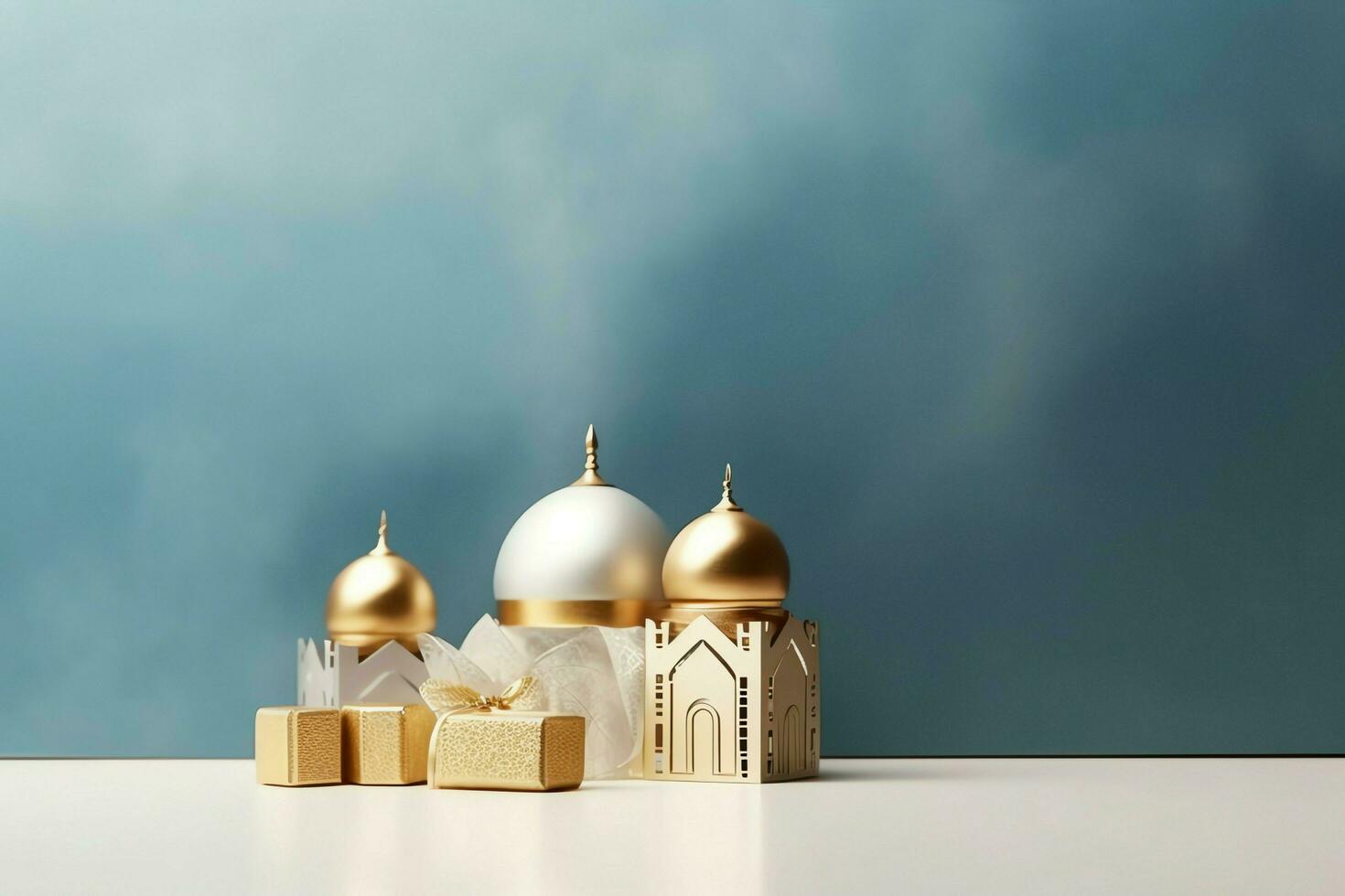 Eid mubarak and ramadan kareem greetings with copy space. Eid al fitr islamic lantern and mosque concept by AI Generated photo