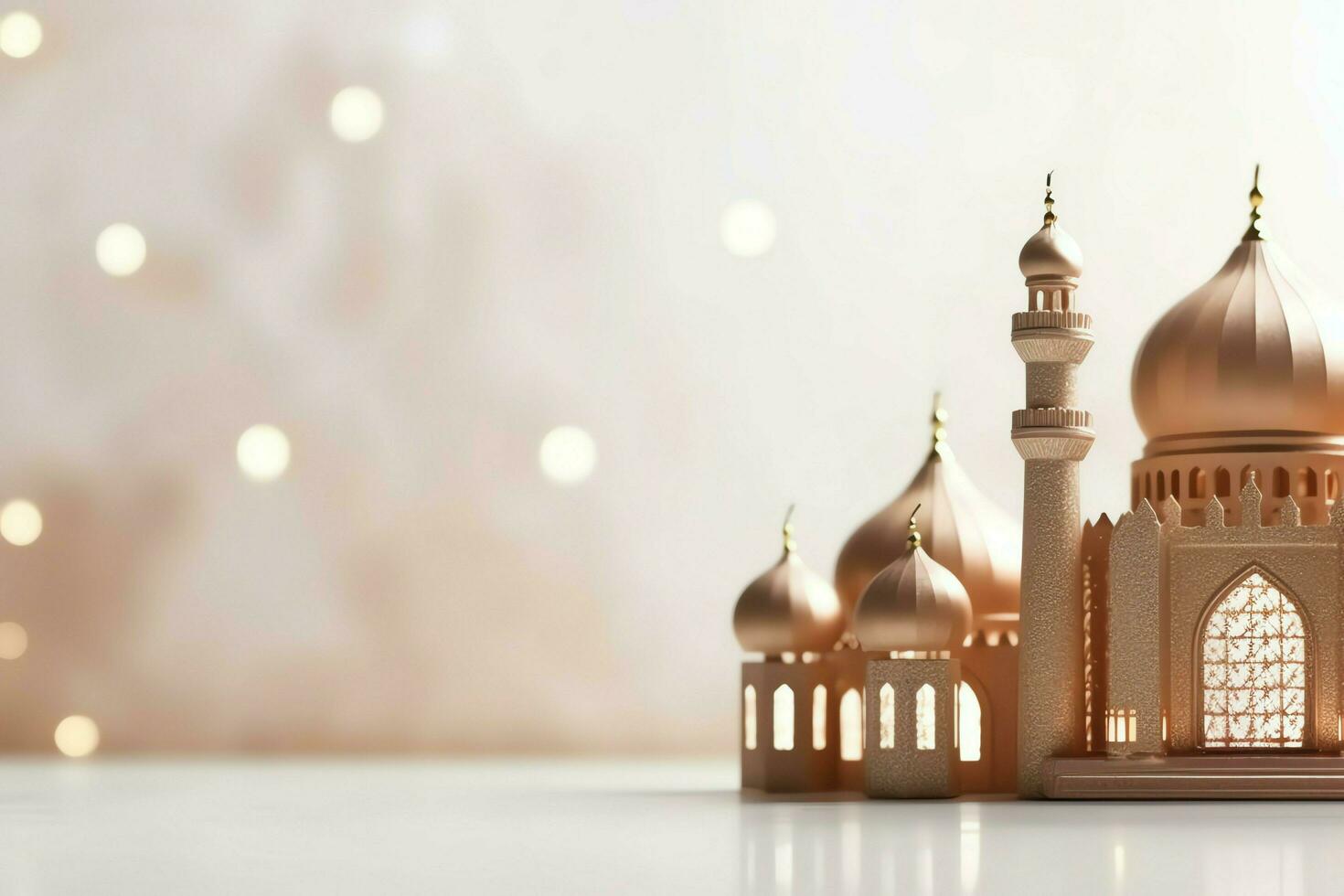 Eid mubarak and ramadan kareem greetings with copy space. Eid al fitr islamic lantern and mosque concept by AI Generated photo