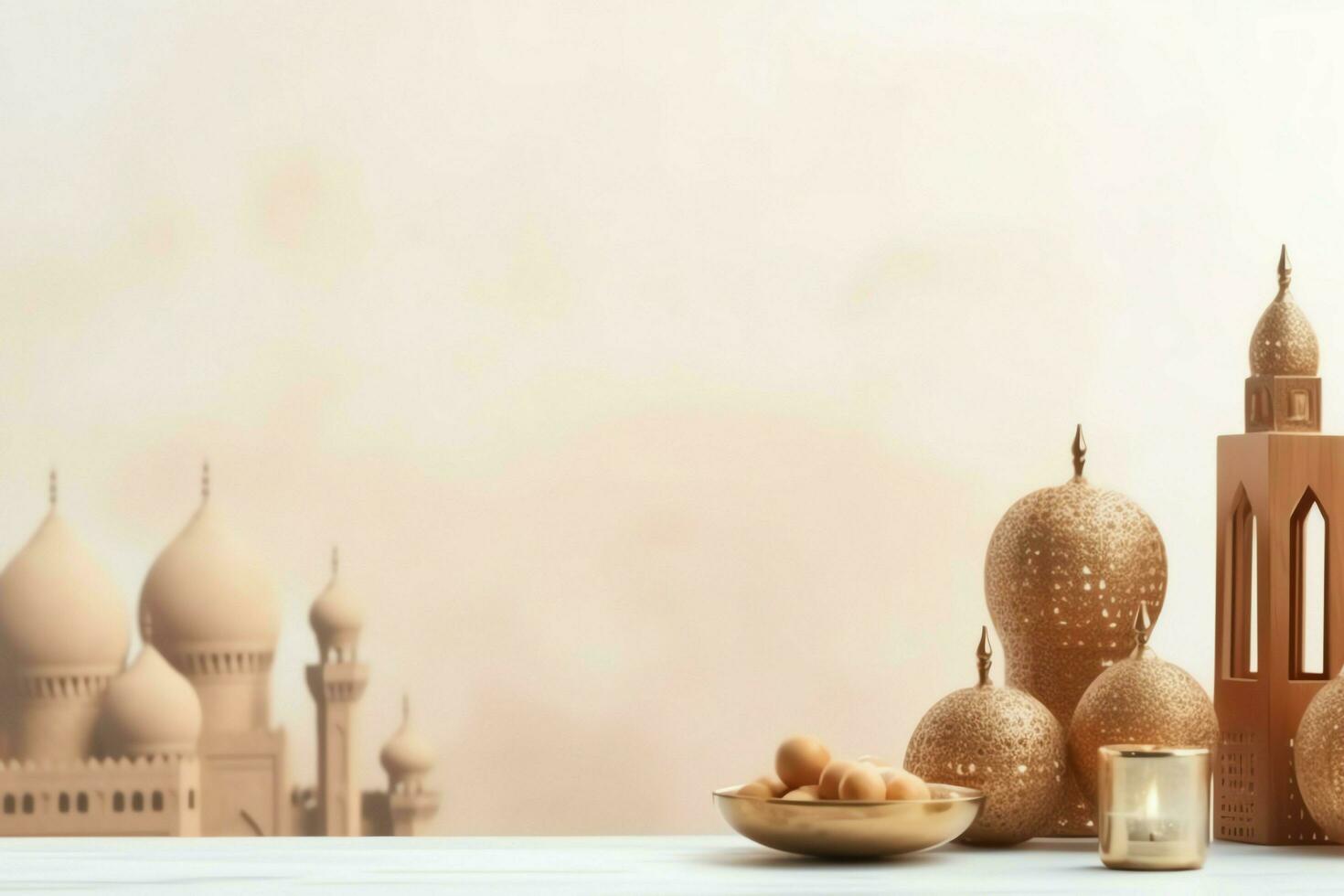 Eid mubarak and ramadan kareem greetings with copy space. Eid al fitr islamic lantern and mosque concept by AI Generated photo