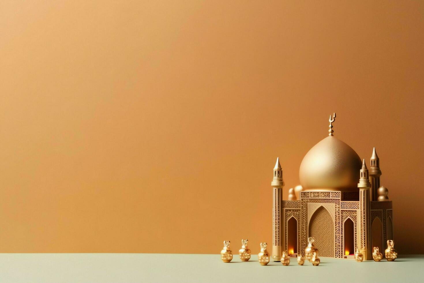 Eid mubarak and ramadan kareem greetings with copy space. Eid al fitr islamic lantern and mosque concept by AI Generated photo