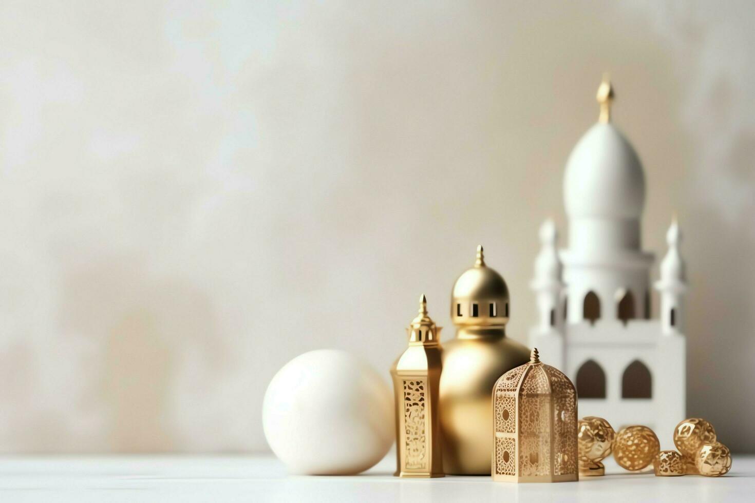 Eid mubarak and ramadan kareem greetings with copy space. Eid al fitr islamic lantern and mosque concept by AI Generated photo