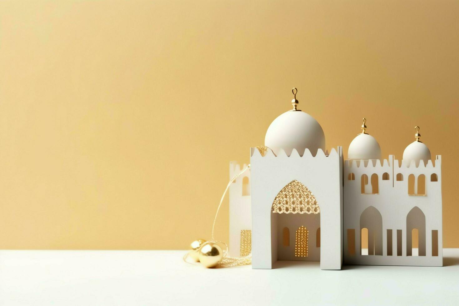 Eid mubarak and ramadan kareem greetings with copy space. Eid al fitr islamic lantern and mosque concept by AI Generated photo