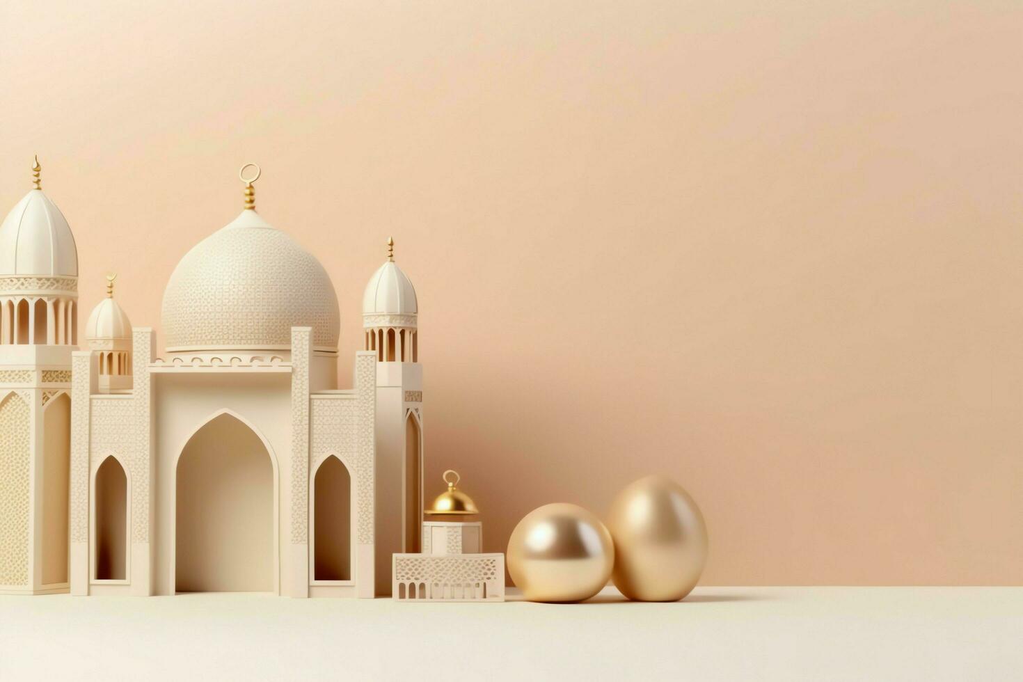 Eid mubarak and ramadan kareem greetings with copy space. Eid al fitr islamic lantern and mosque concept by AI Generated photo