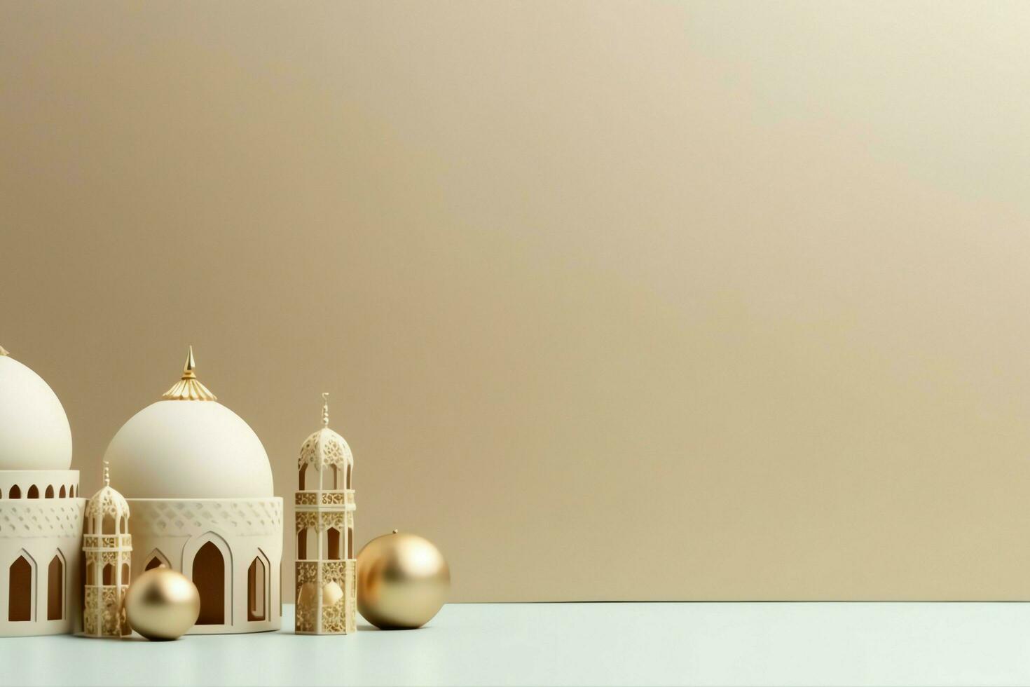 Eid mubarak and ramadan kareem greetings with copy space. Eid al fitr islamic lantern and mosque concept by AI Generated photo