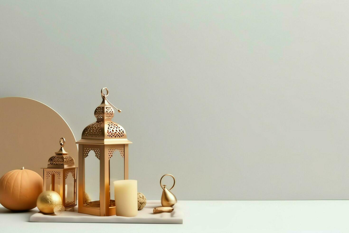 Eid mubarak and ramadan kareem greetings with copy space. Eid al fitr islamic lantern and mosque concept by AI Generated photo
