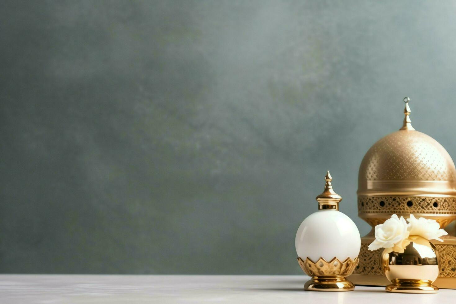 Eid mubarak and ramadan kareem greetings with copy space. Eid al fitr islamic lantern and mosque concept by AI Generated photo