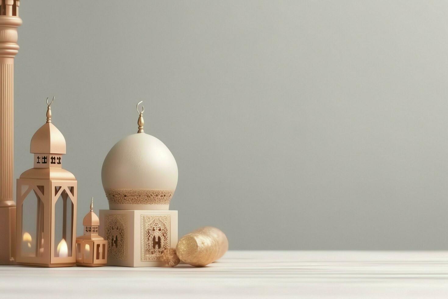 Eid mubarak and ramadan kareem greetings with copy space. Eid al fitr islamic lantern and mosque concept by AI Generated photo