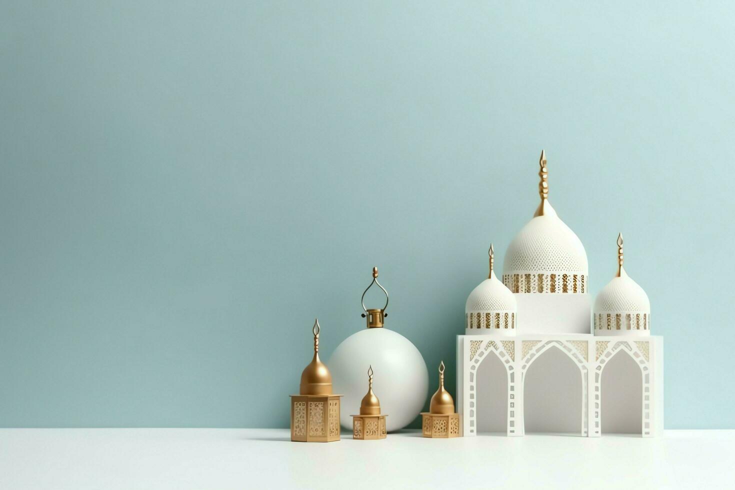 Eid mubarak and ramadan kareem greetings with copy space. Eid al fitr islamic lantern and mosque concept by AI Generated photo