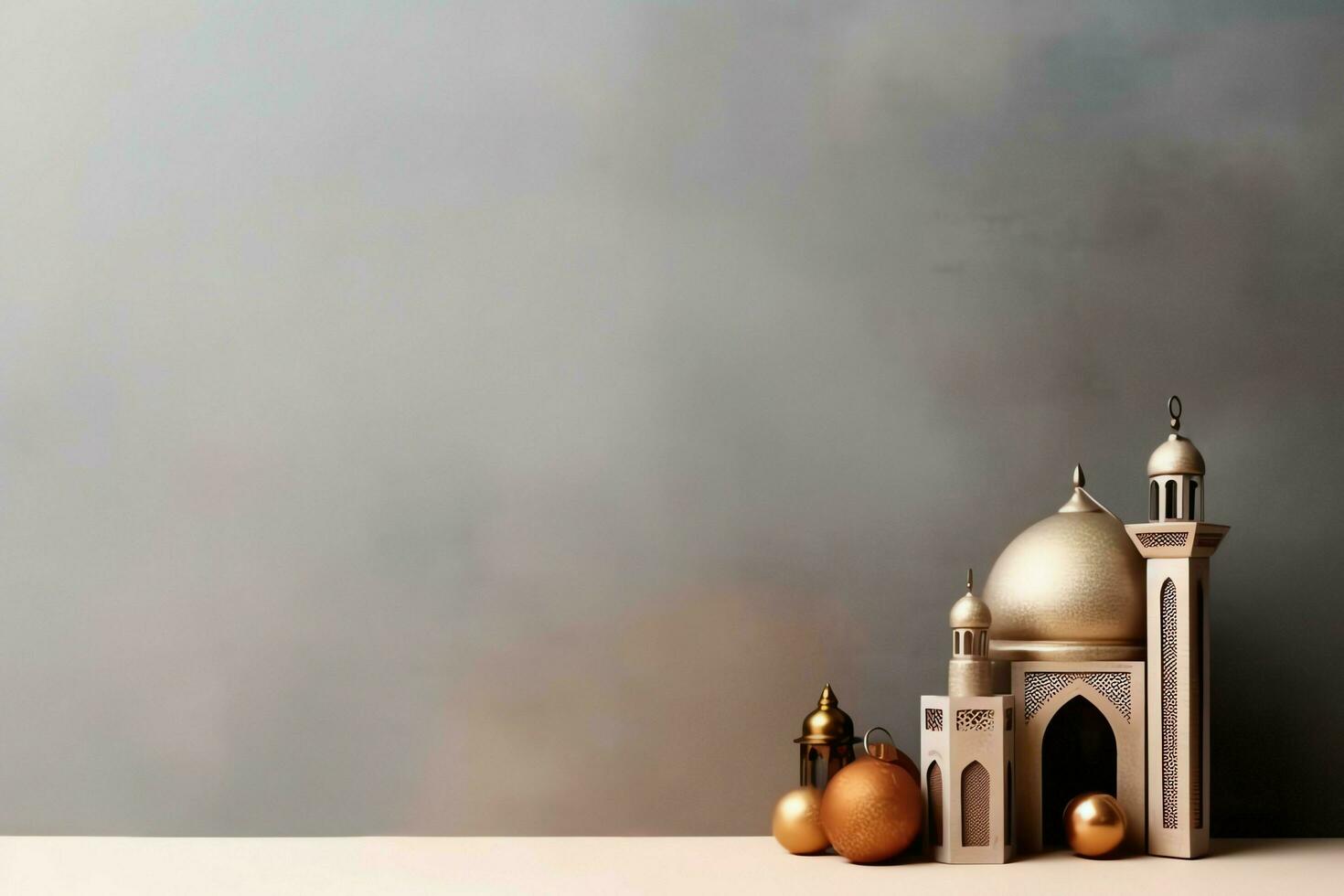 Eid mubarak and ramadan kareem greetings with copy space. Eid al fitr islamic lantern and mosque concept by AI Generated photo