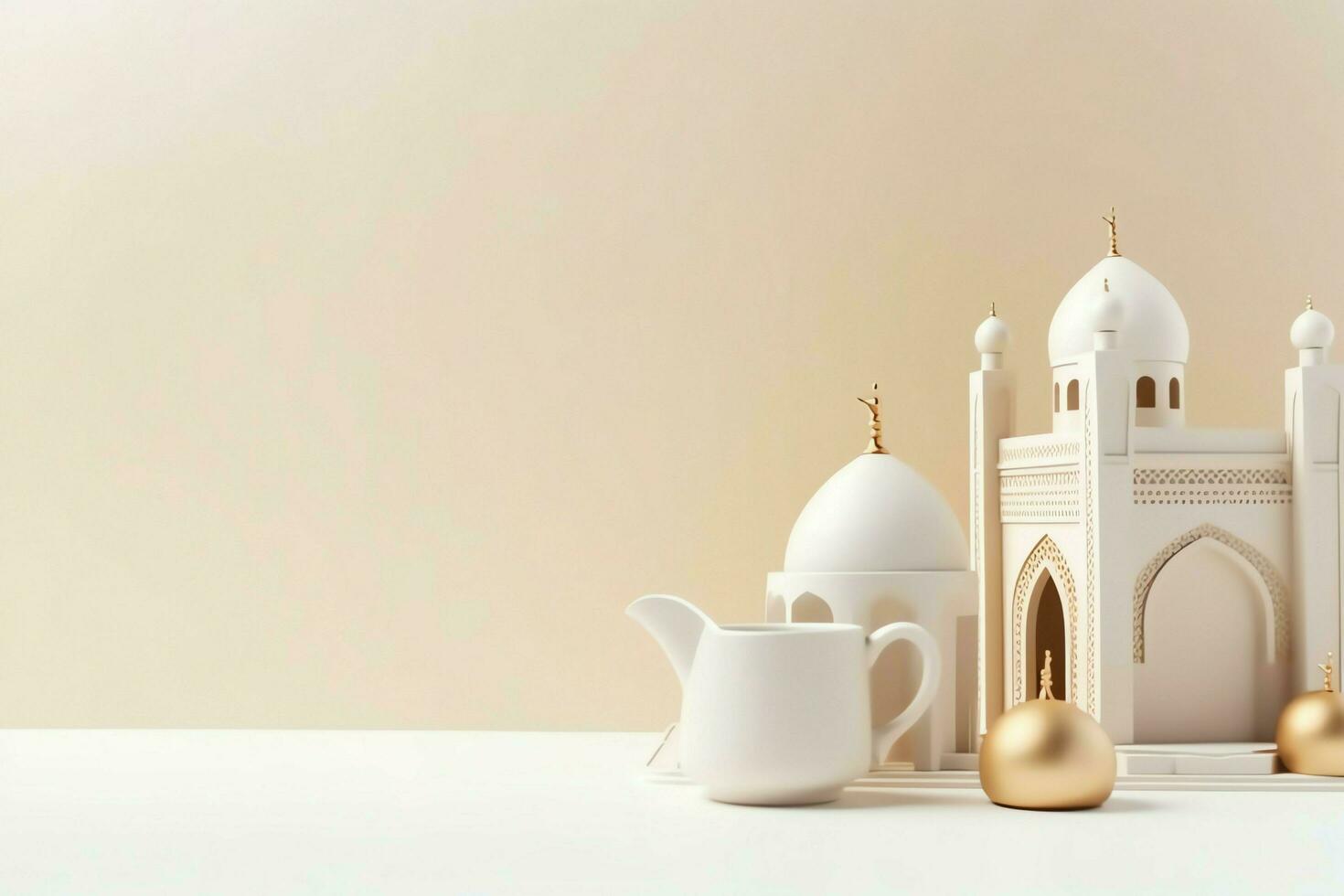 Eid mubarak and ramadan kareem greetings with copy space. Eid al fitr islamic lantern and mosque concept by AI Generated photo