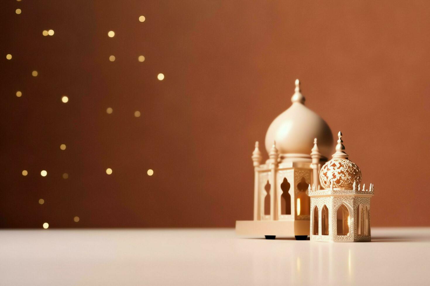 Eid mubarak and ramadan kareem greetings with copy space. Eid al fitr islamic lantern and mosque concept by AI Generated photo