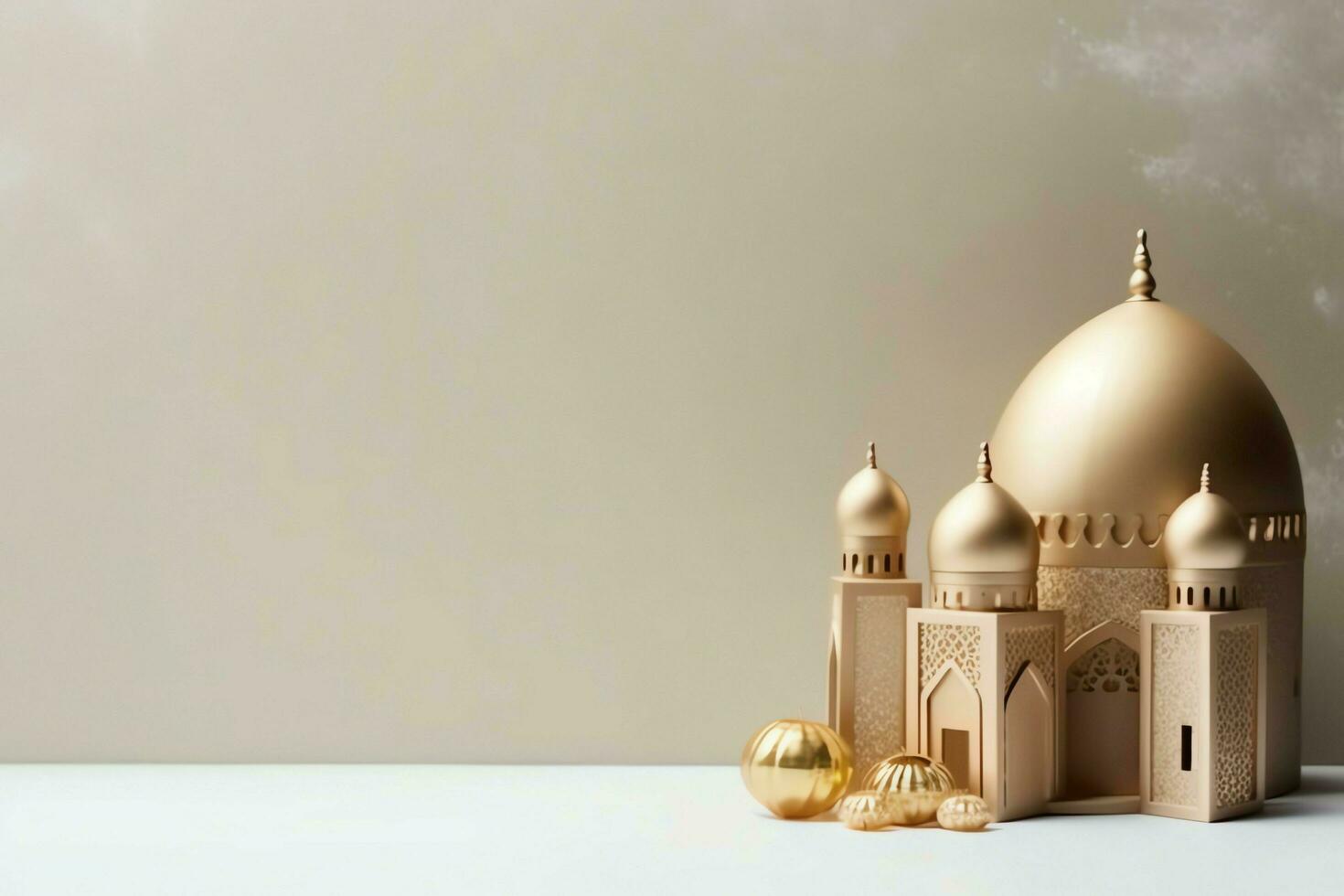 Eid mubarak and ramadan kareem greetings with copy space. Eid al fitr islamic lantern and mosque concept by AI Generated photo