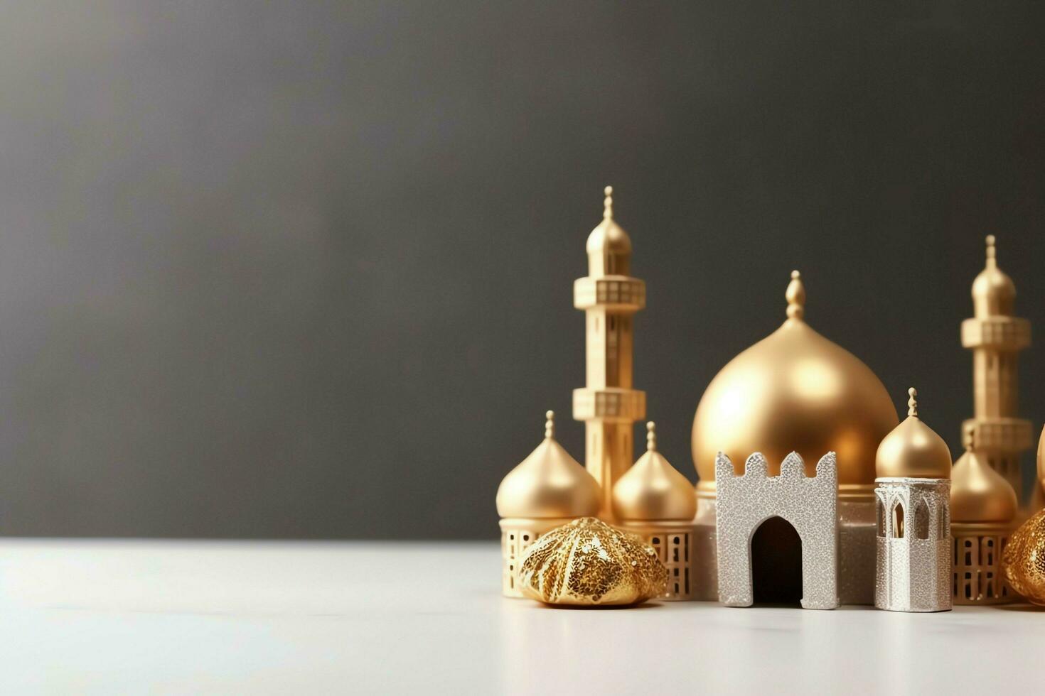 Eid mubarak and ramadan kareem greetings with copy space. Eid al fitr islamic lantern and mosque concept by AI Generated photo