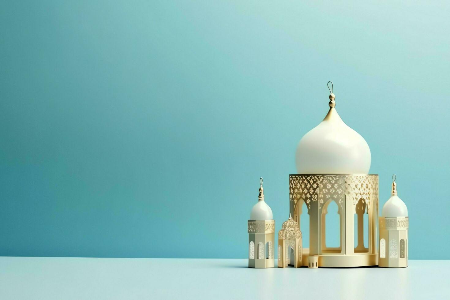 Eid mubarak and ramadan kareem greetings with copy space. Eid al fitr islamic lantern and mosque concept by AI Generated photo