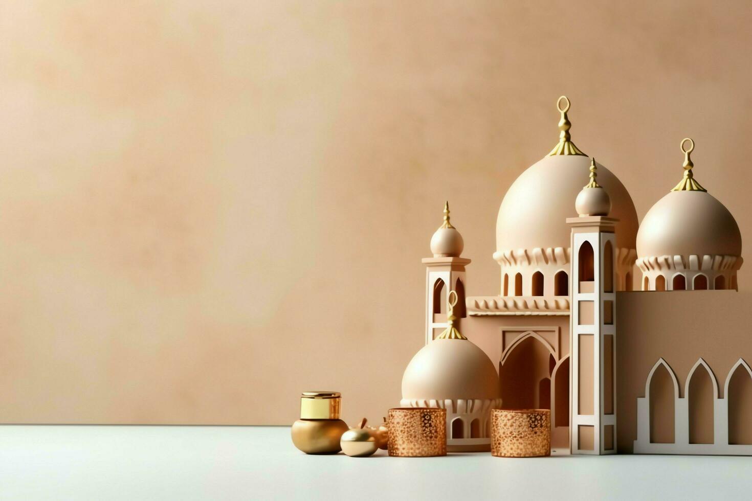 Eid mubarak and ramadan kareem greetings with copy space. Eid al fitr islamic lantern and mosque concept by AI Generated photo