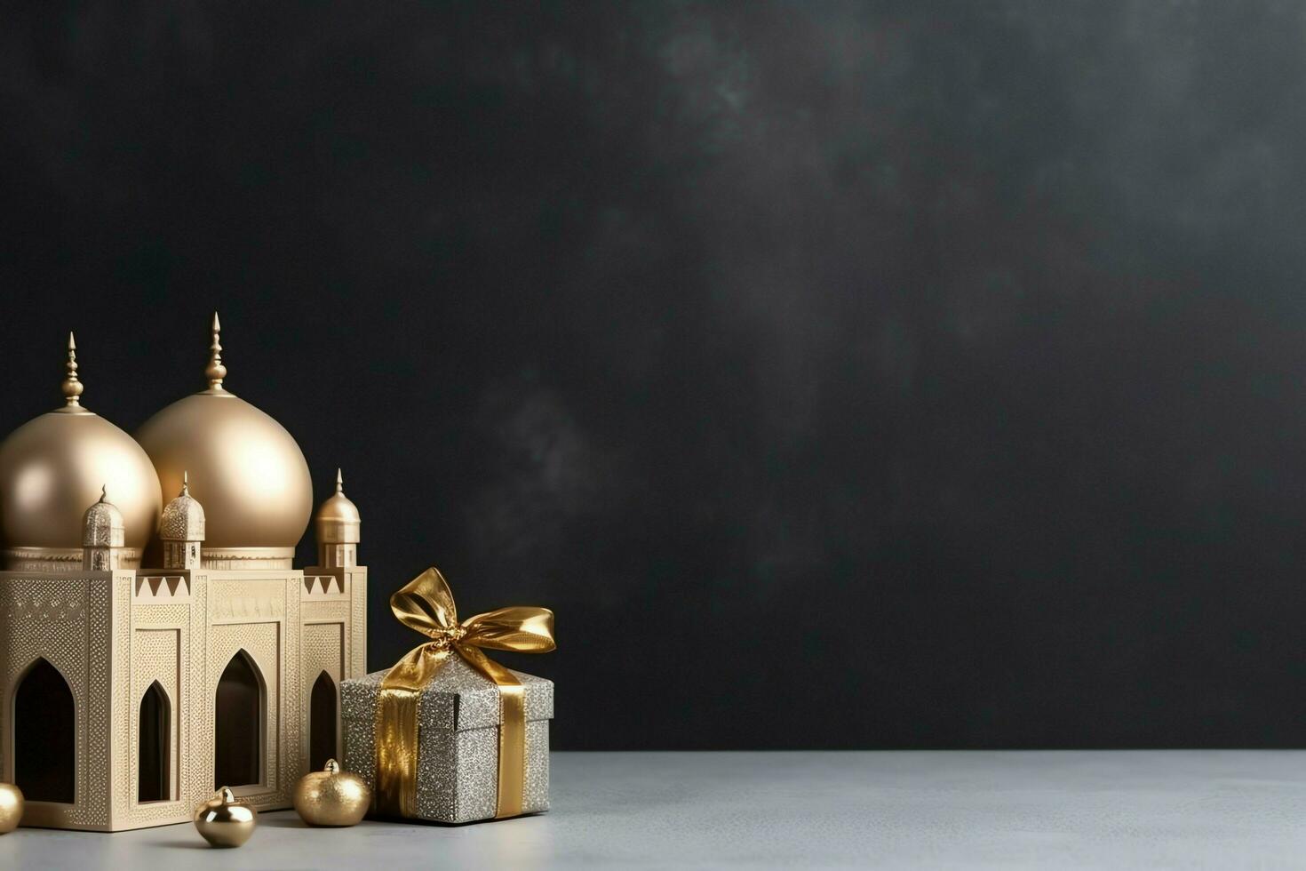 Eid mubarak and ramadan kareem greetings with copy space. Eid al fitr islamic lantern and mosque concept by AI Generated photo